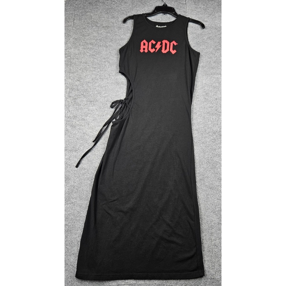 AC/DC Womens Black Rhinestone Logo Side Cutout Tie Midi Dress Size 1X Metal Punk